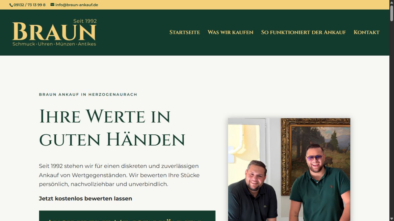 Website von Braun Ankauf: gold-grünes Logo und Einstieg Ihre Werte in guten Händen