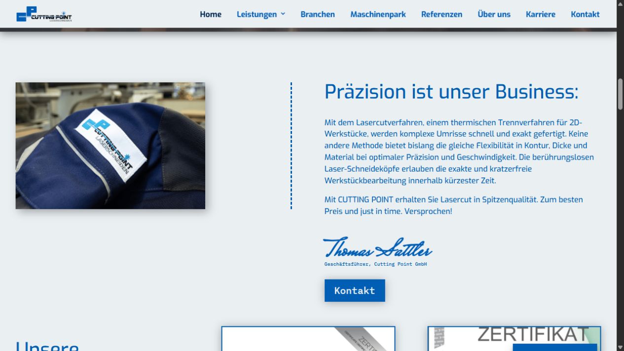 Ausschnitt der Cutting-Point-Website mit blauem Erscheinungsbild und dem Bereich Präzision ist unser Business