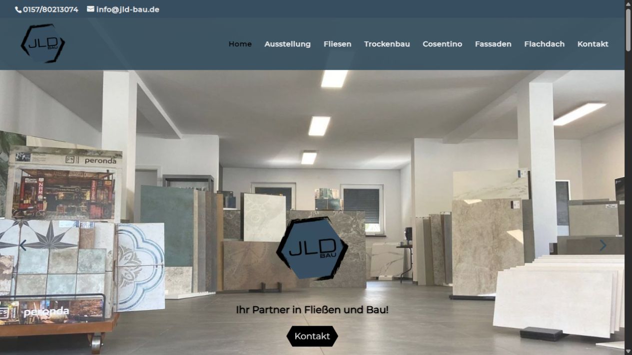 Website von JLD Bau mit Logo und Fliesenausstellung