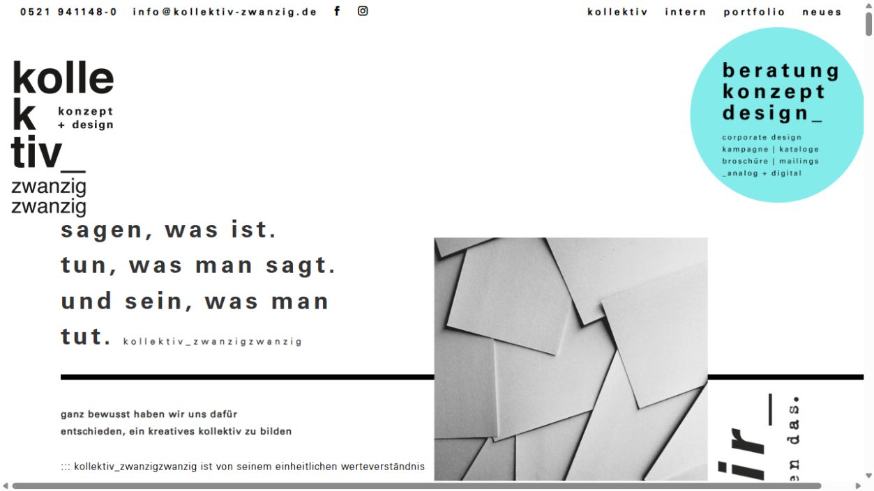 Website von kollektiv_zwanzigzwanzig mit typografischem Einstieg und türkisfarbenem Akzent