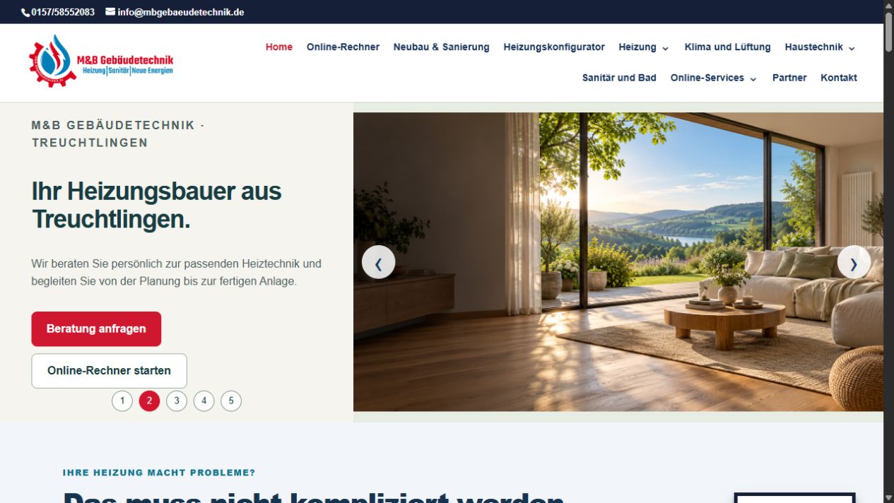 Website von M&B Gebäudetechnik mit Einstieg zur Heizungsberatung und Online-Rechner